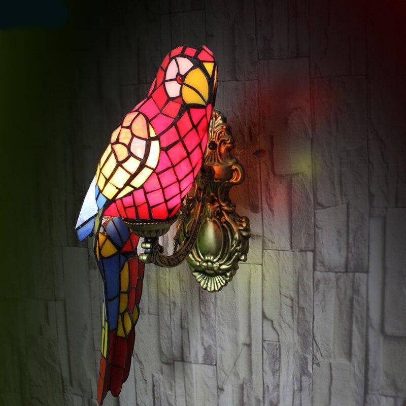 FUMAT Tiffany Parrot Wall Lamp Stained Glass Multicolor Porch Mirror Bedside Light Home Decor Handcraft Art Fxiture LED Lighting