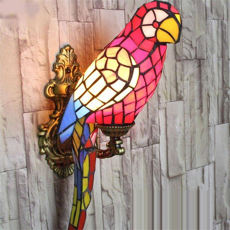 FUMAT Tiffany Parrot Wall Lamp Stained Glass Multicolor Porch Mirror Bedside Light Home Decor Handcraft Art Fxiture LED Lighting