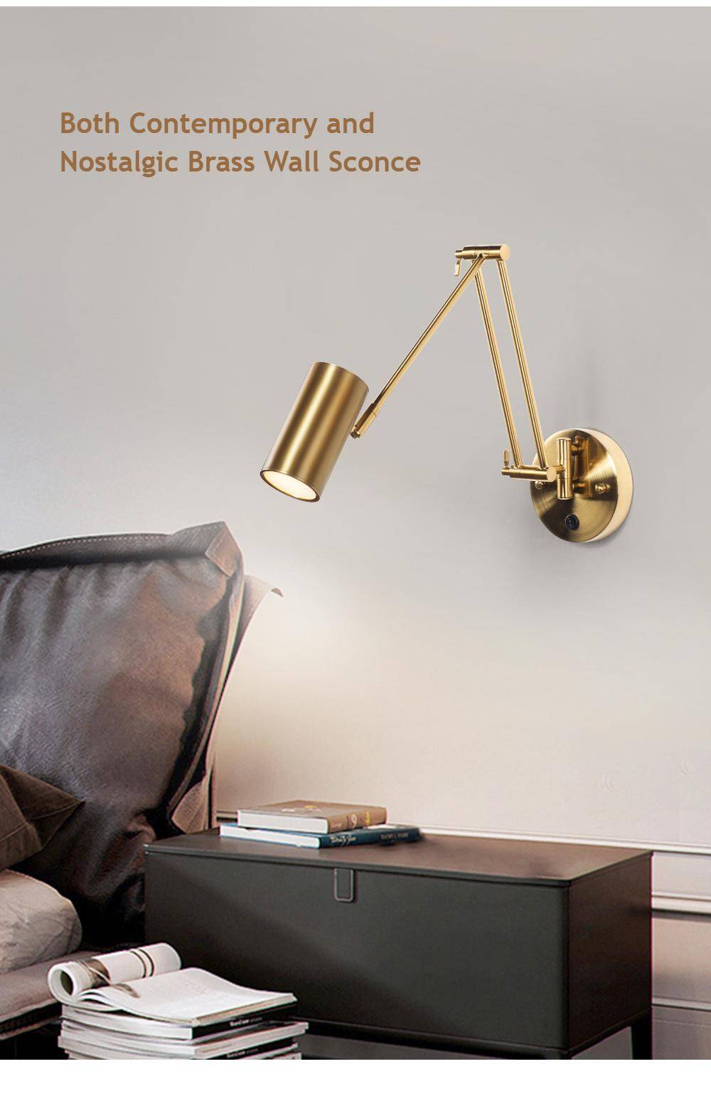 LUCKYLED Led Wall Light Fixture Nordic Adjustable Swing Long Arm Golden Wall Lamp Bedroom Bedside Sconce ( Free Bulb as Gift)