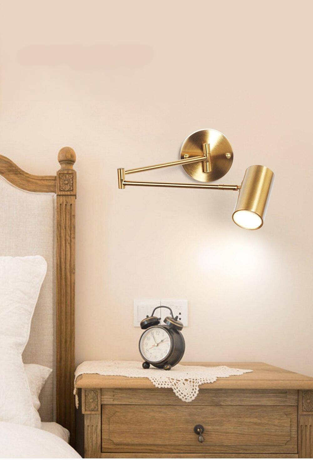 LUCKYLED Led Wall Light Fixture Nordic Adjustable Swing Long Arm Golden Wall Lamp Bedroom Bedside Sconce ( Free Bulb as Gift)