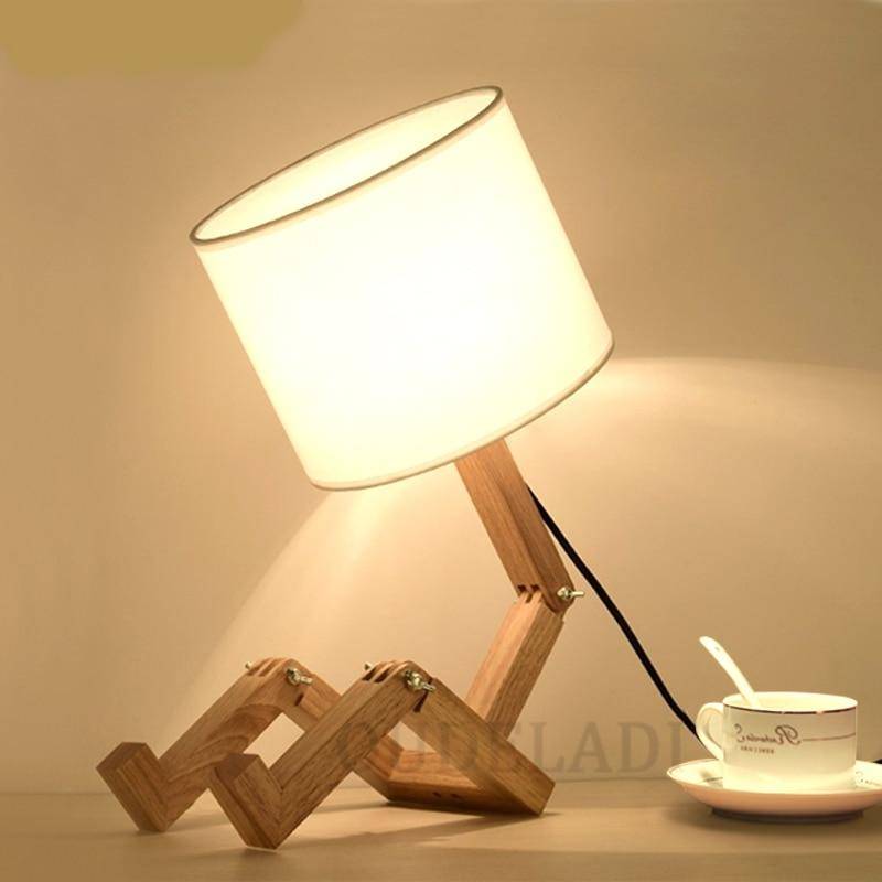 Robot Shape Wooden Table Lamp E14 Lamp Holder 110-240V Modern Cloth Art Wood Desk Table Lamp Parlor Indoor Study Night Light Desk & Table Lamps