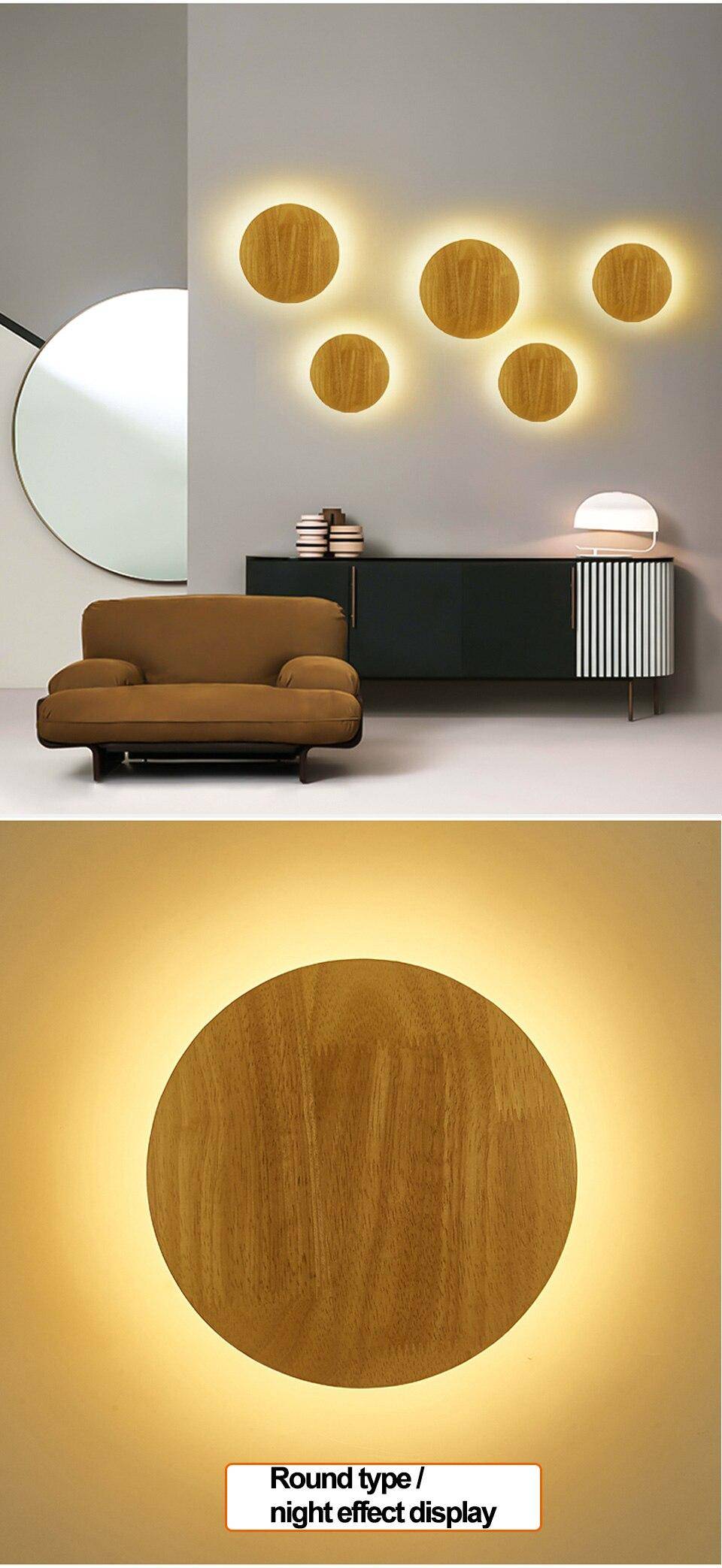 Wooden LED wall lamp wooden craft round oval decorative lamp indoor lighting wall-mounted warm light simple decoration