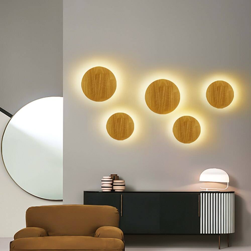 Wooden LED wall lamp wooden craft round oval decorative lamp indoor lighting wall-mounted warm light simple decoration Wall Lamps (Indoor)