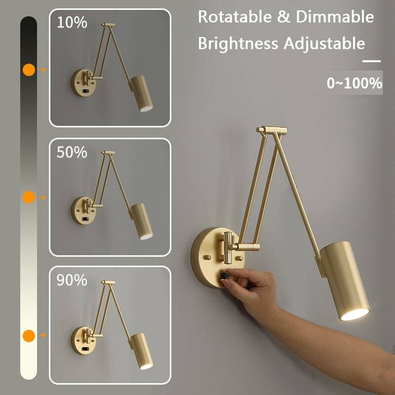 Dimmable Folding Retractable Wall Lamp with Touch Switch Bedroom Bedside Reading Plug Button Luxury Modern Study Rocker Light Wall Lamps (Indoor)