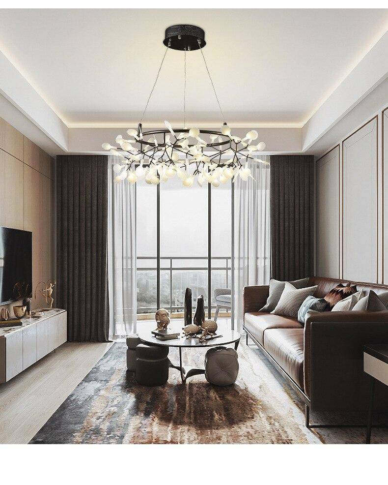 Living Room Chandelier Art Hanging Nordic Modern Kitchen Dining Room Firefly Lamp Rose Gold/Black/Champagne Gold Round Indoor