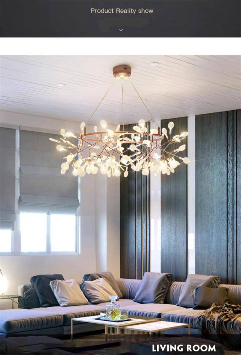 Living Room Chandelier Art Hanging Nordic Modern Kitchen Dining Room Firefly Lamp Rose Gold/Black/Champagne Gold Round Indoor