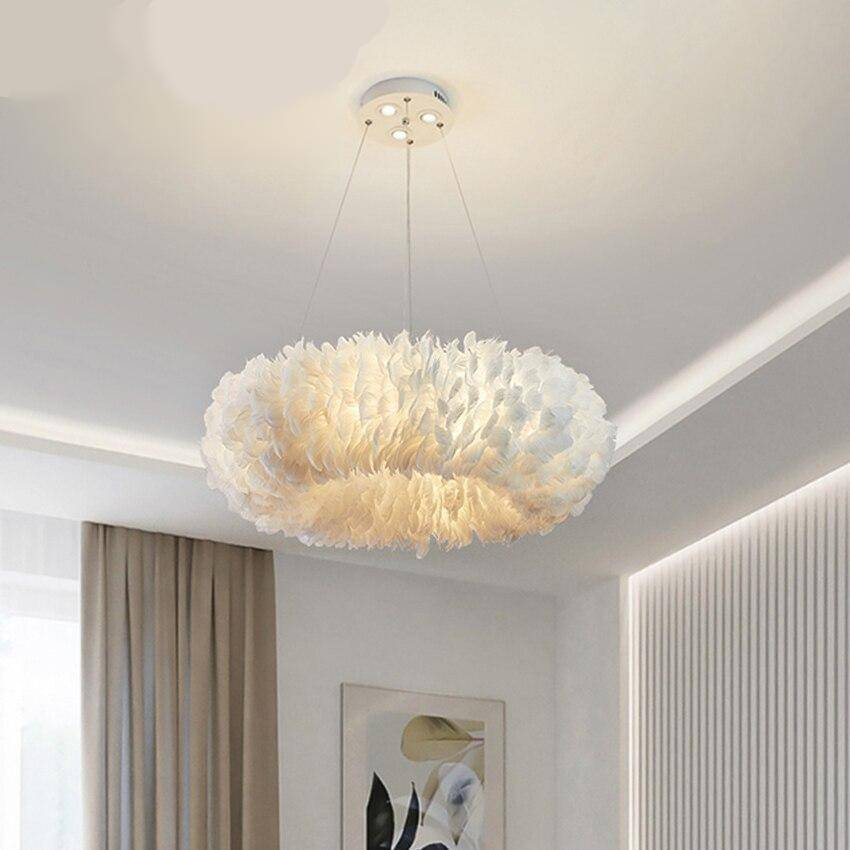 SANDYHA Nordic Luxury LED Chandelier Goose Feather Pendant Light Living Dining Room Bedroom Parlor Hall Home Decor Hanging Lamp Pendant Lights