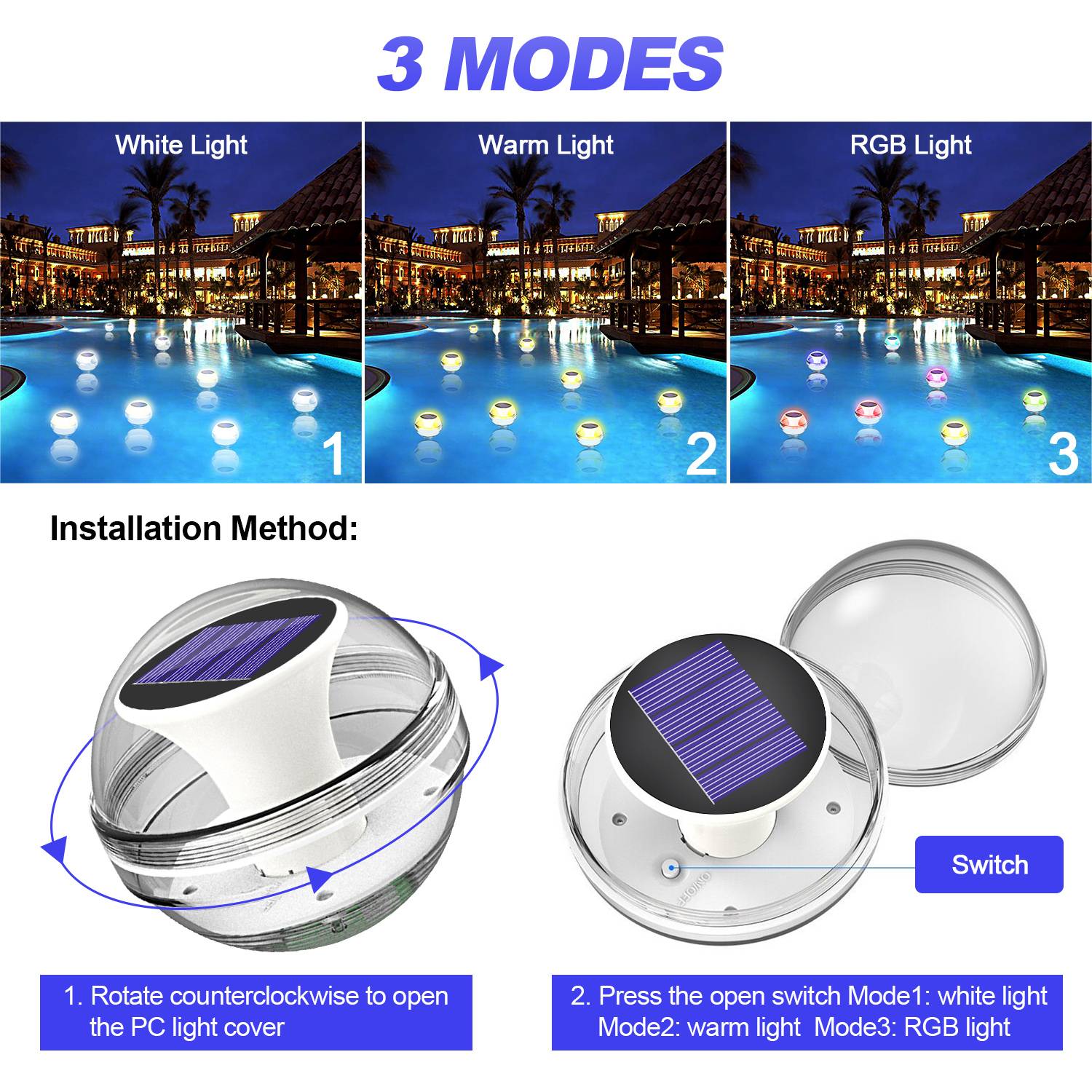 Floating Pool Lights Solar Pool Lights RGB Color Changing IP65 Waterproof LED Night Light for Swimming Pool Hot Tub Pond Decor Outdoor Landscape Lightings Underwater Lights