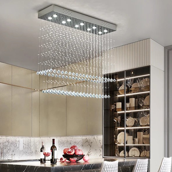 Modern Rectangular Crystal Chandelier Ceiling Lighting Fixture Raindrop Pendant Flush Mount Light for Dining Rooms Kitchen Chandeliers