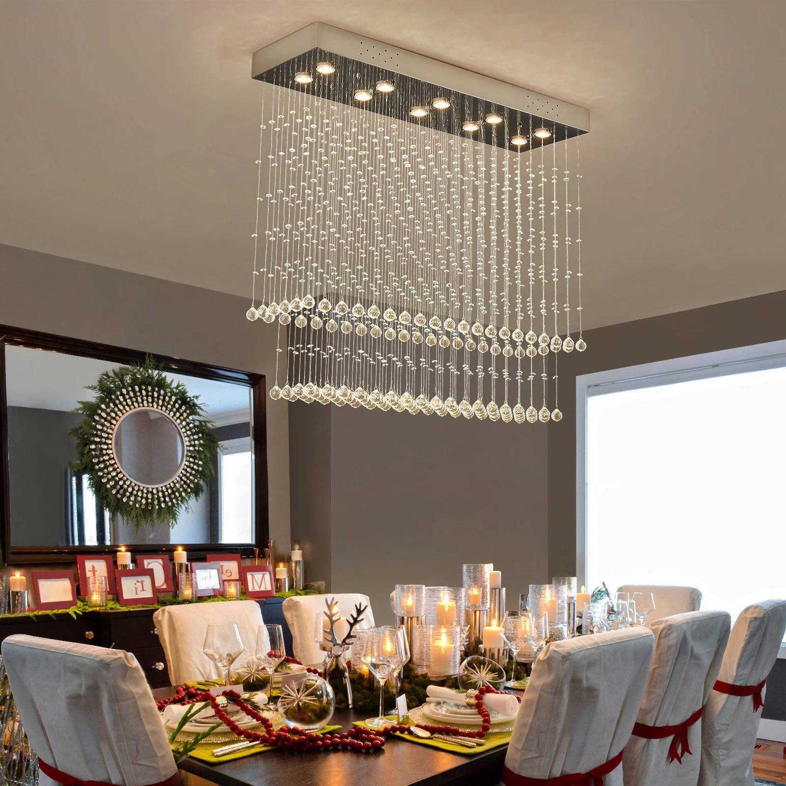 Modern Rectangular Crystal Chandelier Ceiling Lighting Fixture Raindrop Pendant Flush Mount Light for Dining Rooms Kitchen Chandeliers