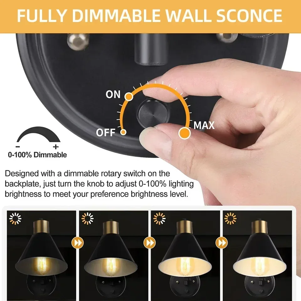 Aisilan Replaceable Bulb Wall Lamp Dimmable Plug-in Metal Adjustable Angle Wall Sconce With Switch for Bedside Hotel Study Wall Lamps (Indoor)