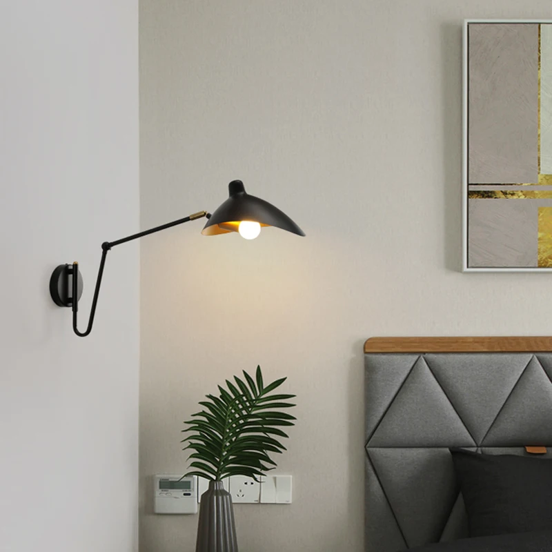 Industrial Long Arm Swing Wall Lamp Metal Material Matte Lampshade Surface Sconce Lights E14 Bedroom Hotel Decor Reading Lustres Wall Lamps (Indoor)